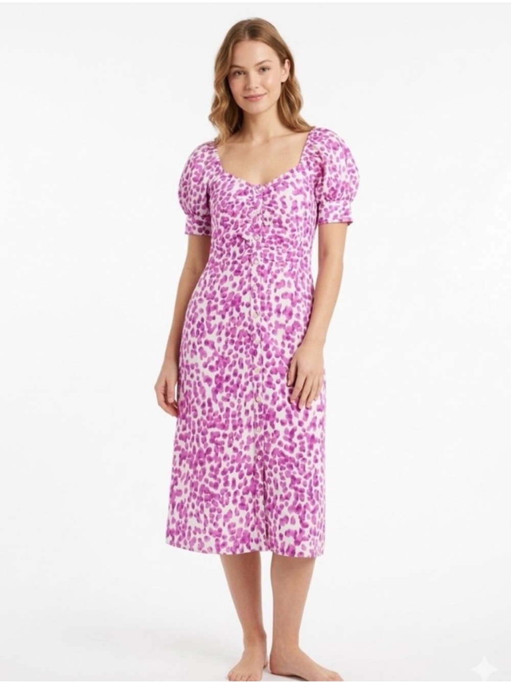 Who What Wear Pink Leopard Puff-Sleeve Midi Dress